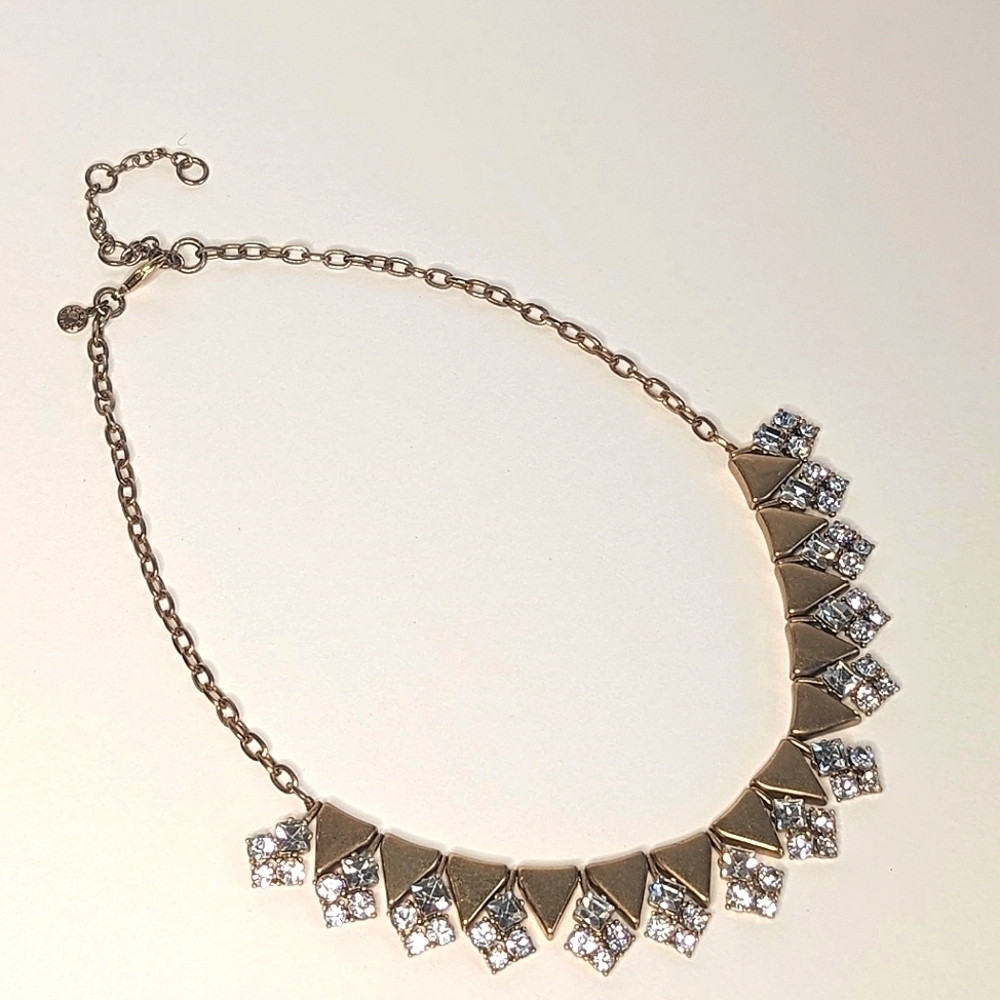 J. Crew Segmented Bib Chain Necklace Rhinestones Triangle Bead Antique Gold Tone - Picture 2 of 7
